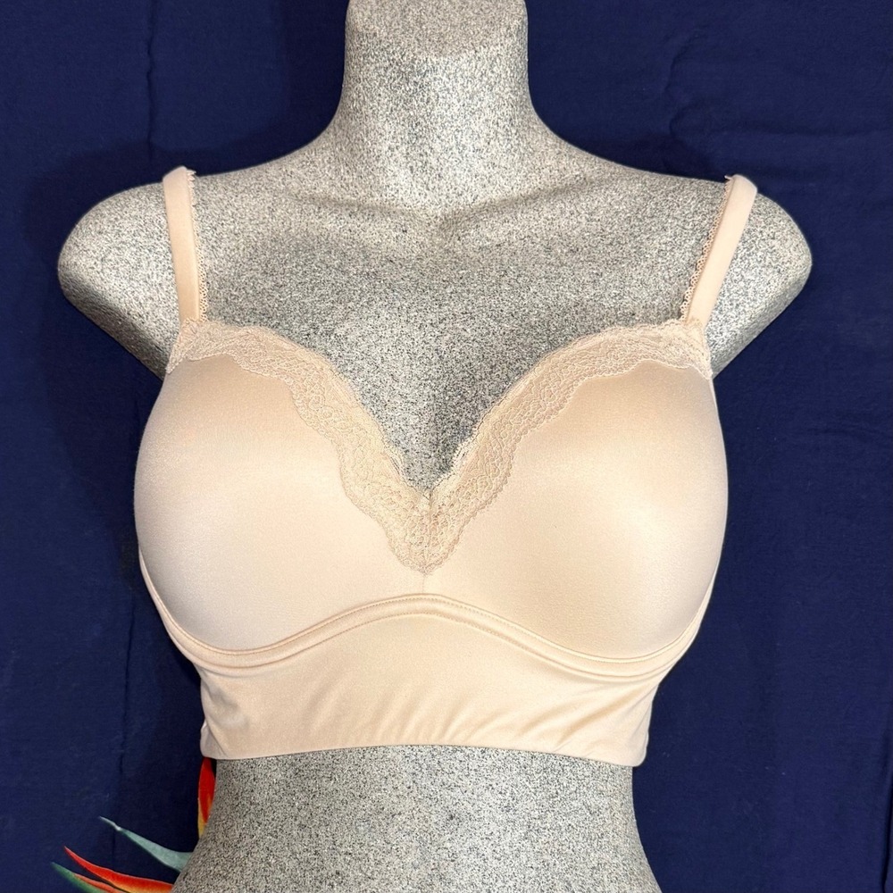 Dobreva Wireless Lace Trim Push Up‎ Bra Women 34DD Beige Padded Comfort Bra